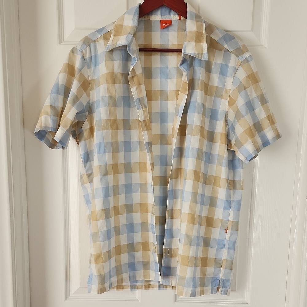 Hugo Boss Blue Tan & White Plaid Casual Button Down Shirt - Size L, Short Sleeve